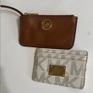 Michael Kors Brown Coin Pouch and Cream MK Logo Card Holder Bundle